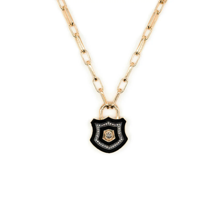 KIRSTIE LE MARQUE DIAMOND AND BLACK ENAMEL CHUNKY LOCK NECKLACE